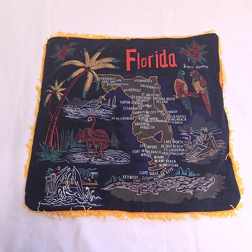 Busch Gardens Florida Souvenir Pillow Case Black Orange Velvet Fringe Tropical